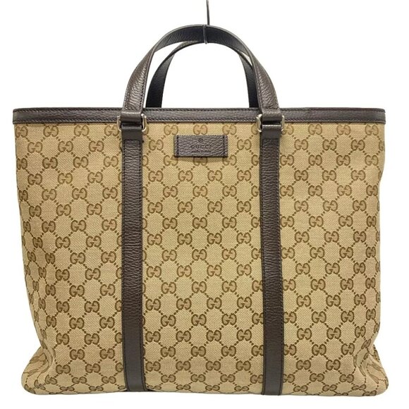 Gucci Handbags - 100% Authentic GUCCI GG Beige Dark Brown Leather Tote Bag 868-102624